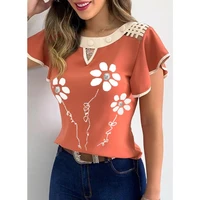tops for women fashion elegant ruffled blouse shirt 2022 summer casual floral print round neck slim fit short sleeve blouses
