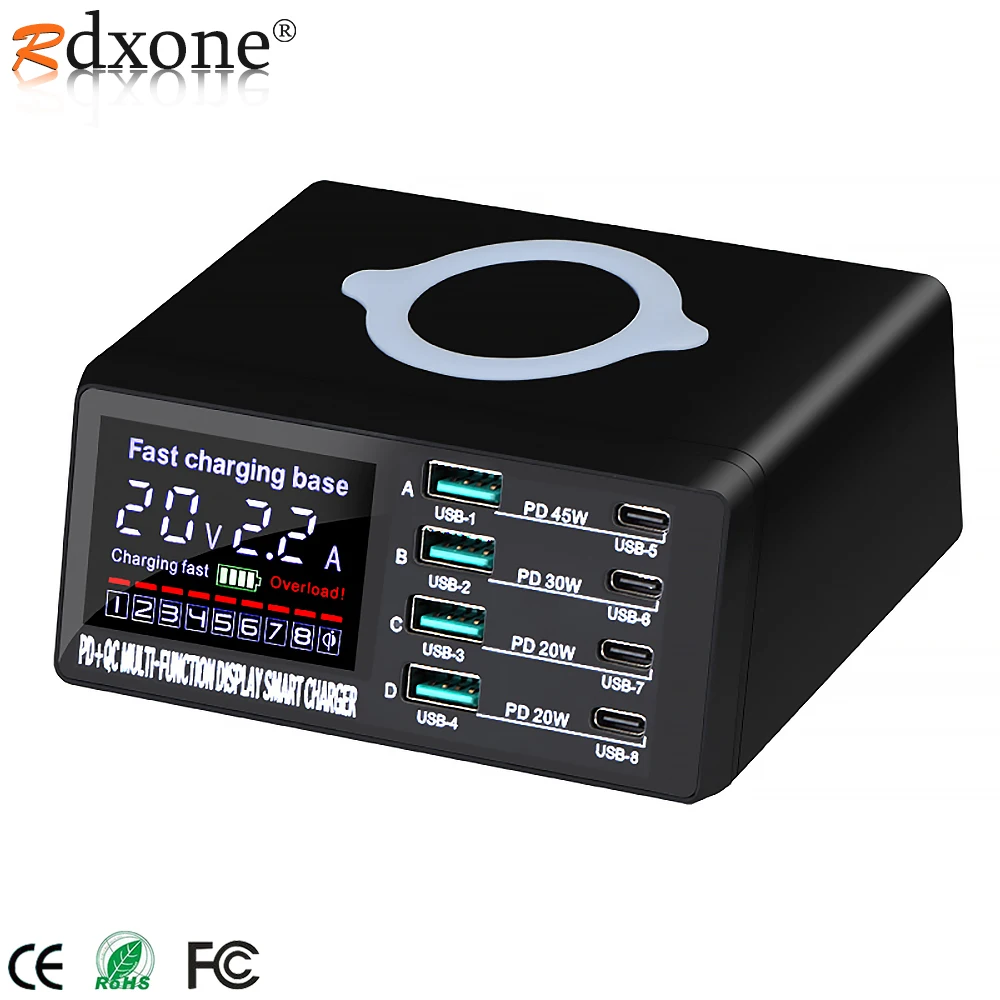 Беспроводная зарядная док-станция RDXONE с 8 USB-портами и светодиодным дисплеем 100 Вт