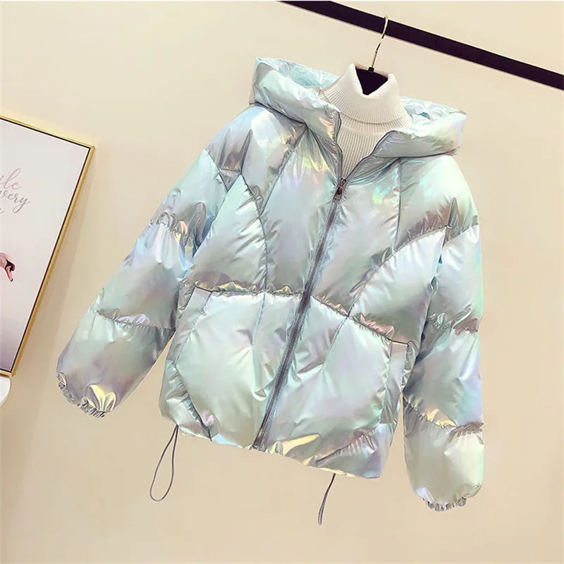 Winter Glossy Parkas Women's 2022 New Casual Warm Cotton Padded Jackets Street Snow Wear Coat Solid Bright Hooded Down Outwear