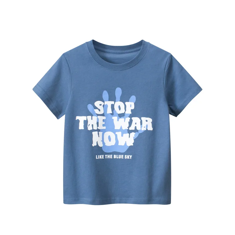 

Cotton Children Boys Short Sleeve Tops Korean Junior Letter Print Blue T-shirts Summer Children Breathable Cotton Sports Tshirt