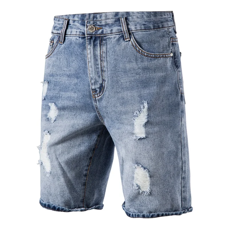 Мужские потертые рваные брюки, летние однотонные джинсовые повседневные спортивные синие шорты с карманами