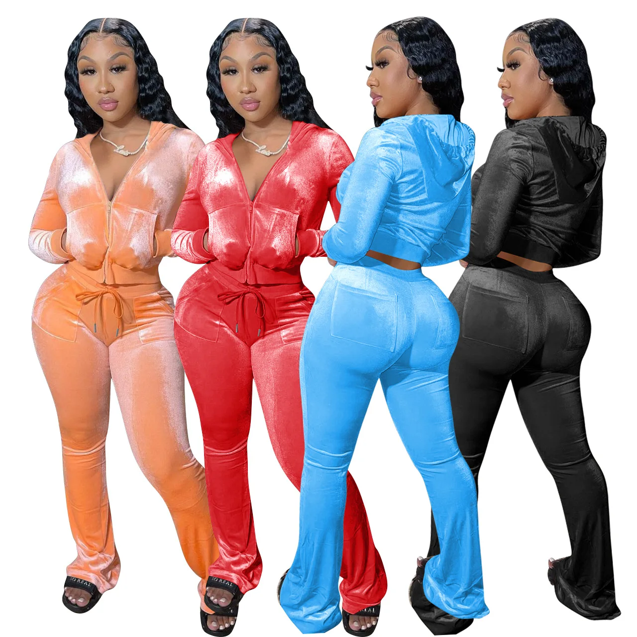 

2022 Winter New 2 Piece Outfits Velour Tracksuit For Women Zip Up Hoodie Velvet Jogging Sweatsuit Workout Sets