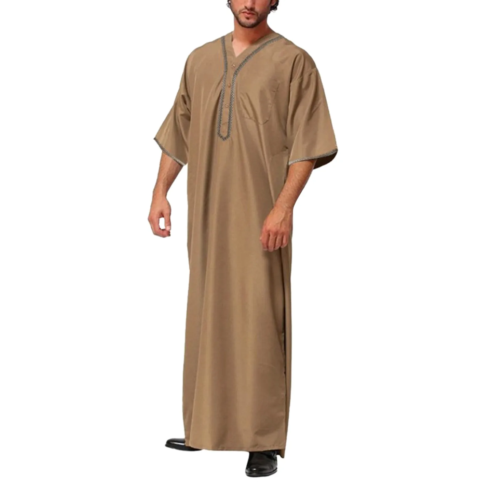 Men Muslim Jubba Thobe Solid Color Button Kimono Middle Robe Saudi Musulman Shirt Stand Collar Islamic Arabic Kaftan Men Abaya