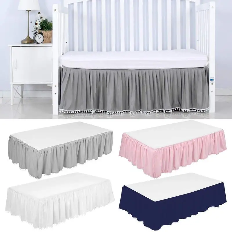 

Baby Crib Mini Skirt With Pom Poms Nursery Crib Toddler Bedding Skirts For Baby Boys Girls 28" X 52" Home Supplies Decoration