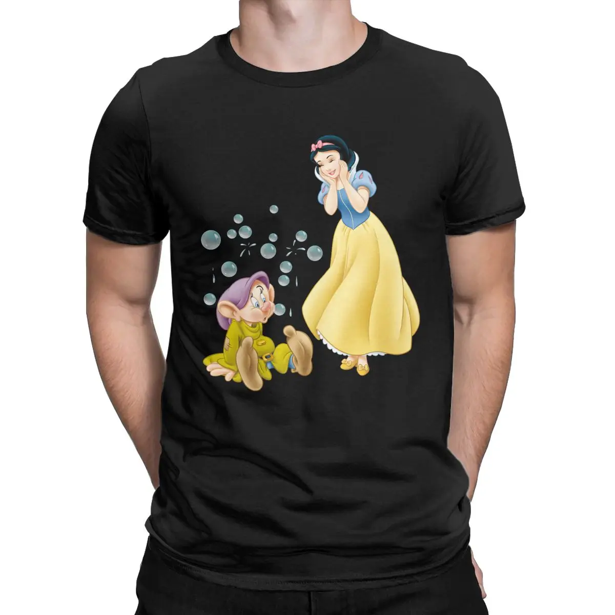 Snow White And Dopey Bubbles T-Shirts Men Disney Humorous Cotton Tee Shirt Round Collar Short Sleeve T Shirt Gift Idea Clothes