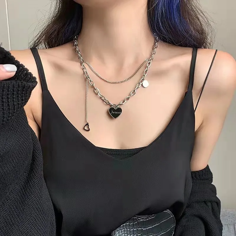 

2022 New Senior Fashion Women Sexy Clavicle Pendant Necklaces Fine Double Link Chain Metal Heart Party Necklace Jewelry Gift