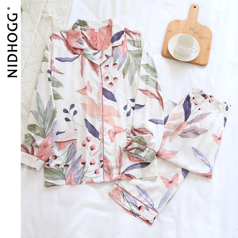 New 100% Viscose Long-sleeved Trousers Ladies Pajamas Suit Plus Size Long Sleepwear Women's Home Nightwear Satin Two Piece Set