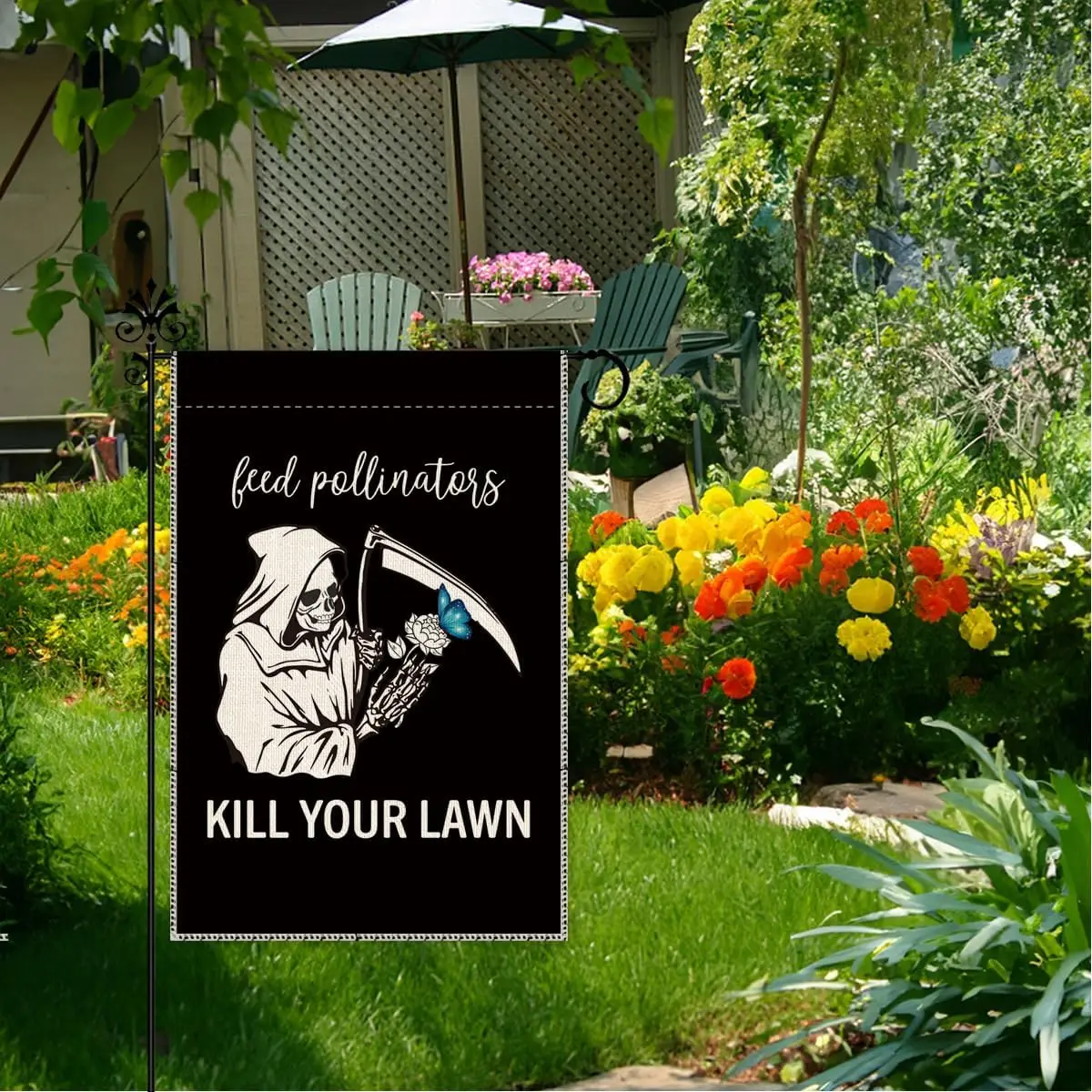 Фото Флаг для сада Hafhue Feed Pollinators Kill Your Lawn Goth, 12 x 18 дюймов, двусторонний, в стиле фермерского дома, праздничное украшение для двора, Pollin LLX №2