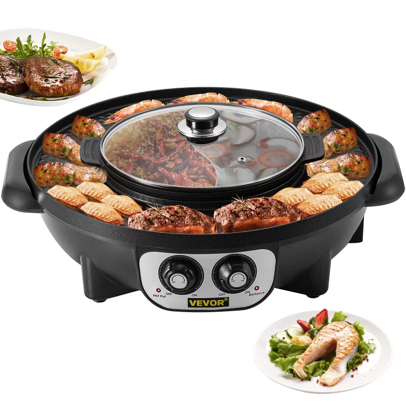 2 In 1 Electric Hot Pot and Grill, 2200W BBQ Pan Grill and Hot Pot, Multifunctional Teppanyaki Grill Pot with Dual Temp Control
