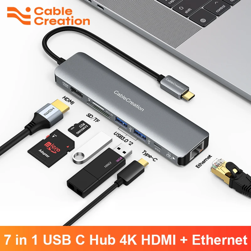 

CableCreation USB Type C Hub HDMI 4K60Hz 7 in 1 USB C Adapter RJ45 PD100W SD Type C Dongle for Macbook Air Pro M1 iPad Pro PC