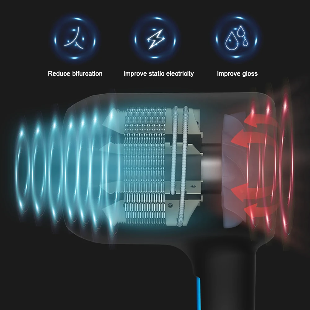 Hair Dryer 1250W Blu-ray Ionic Blow Dyer Household Performance Blower with Cool Shot Fast Drying and Nozzles Styles | Бытовая техника