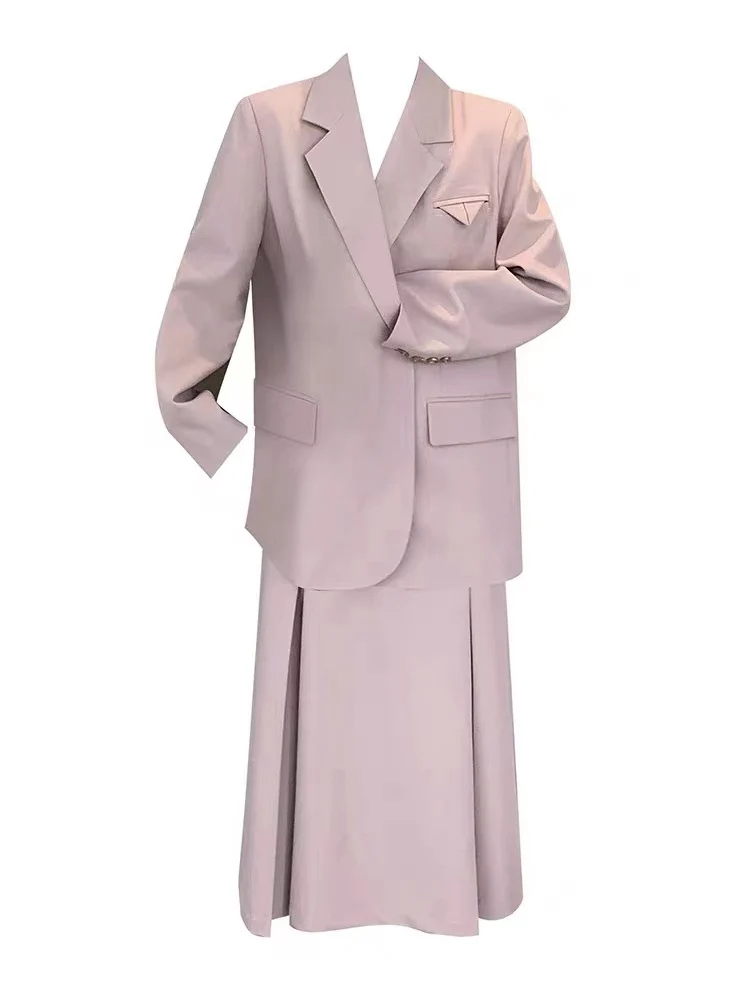 

2021 Women Two-piece Set Pink Green Vintage Office Lady Single Button Notched Blazer Female Loose High Waist Skirt Solid Suits