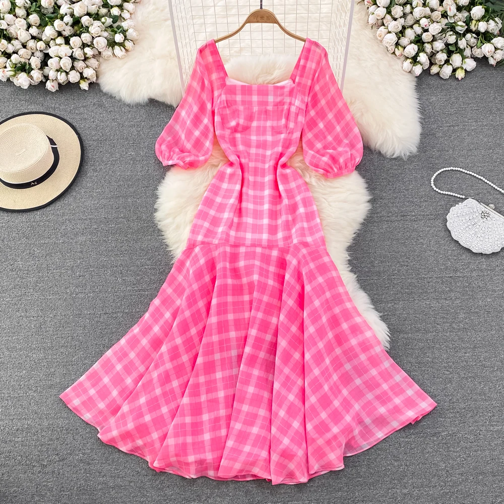 

SuperAen 2022 Summer Spring Square Collar Slim Plaid A Line Ruffled Big Swing Mid-Calf Puff Sleeve Dresses Women