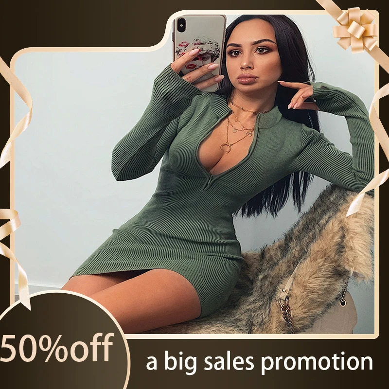 

2022 autumn and winter women's sexy fashion slim fitting short skirt rib zipper Long Sleeve Dress