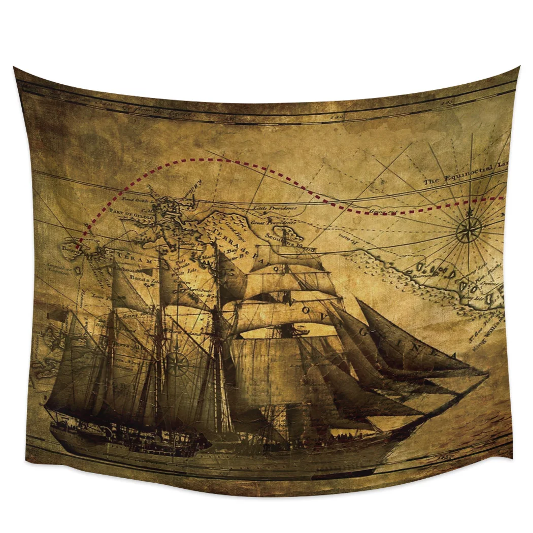 

Винтажный настенный гобелен с морской картой и парусным кораблем, настенный Декор для дома, гобелен в стиле бохо, настенный гобелен