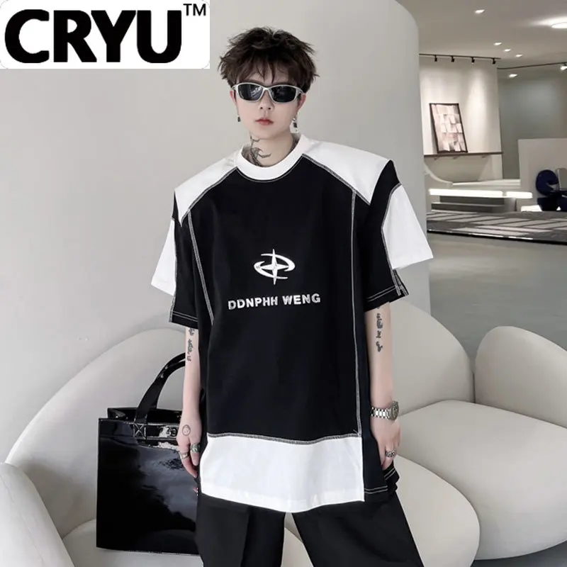 

Мужская футболка с коротким рукавом CRYU, черная футболка контрастных цветов с круглым вырезом и буквенным принтом, модель 9A8077, 2019