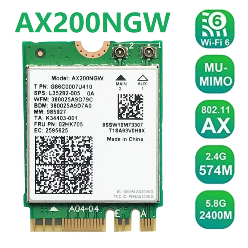 Сетевая карта AX200 AX200NGW M.2 NGFF WiFi-карта Bluetooth 5 0 WiFi 6 2 4G/5G 802.11Ac/Ax Карта беспроводного