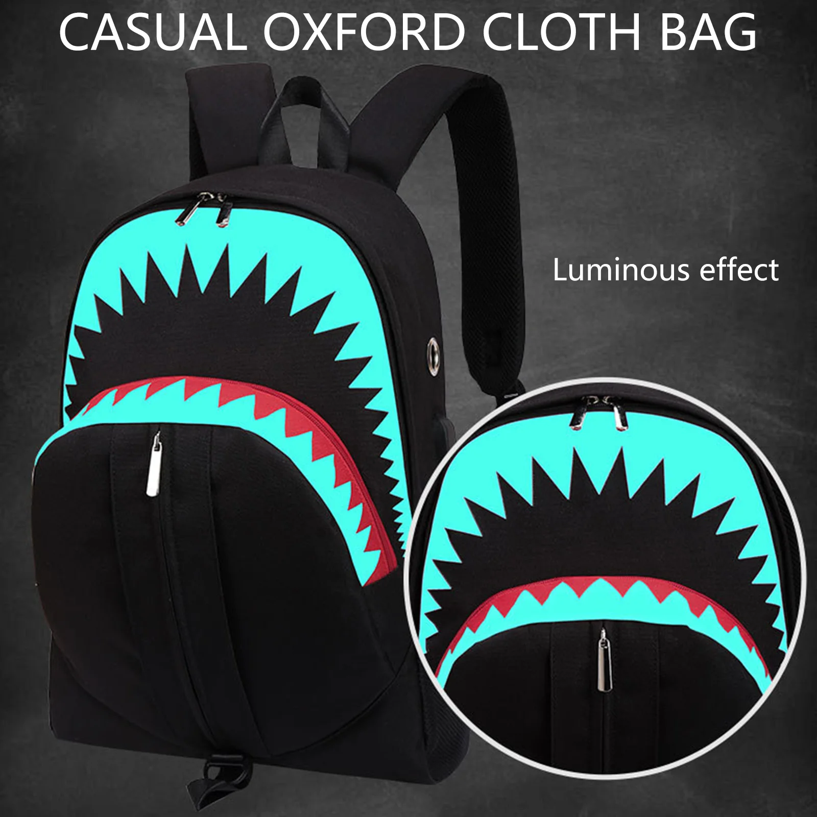 

Causal Men USB Laptop Backpack Night Luminous Shark Mouth Pattern Daily Knapsack Teenagers School Bags Large Capacity Travel Bag