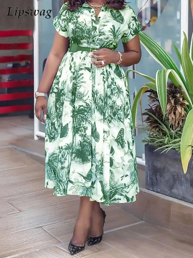 

2022 Summer Elegant Pattern Print Party Dress Office Lady Fashion Turn-down Collar Long Dresses Women Casual Short Sleeve Dress