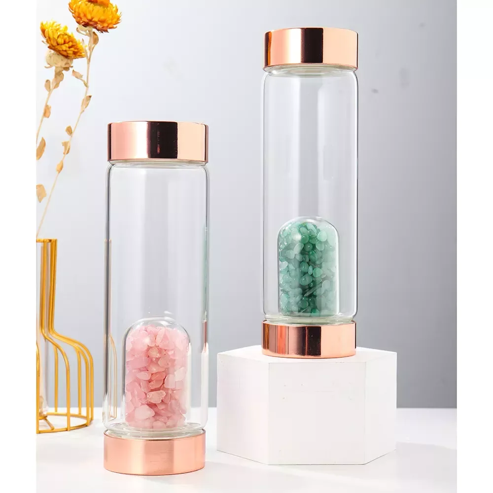 

Natural Crystal Rose Gold Glass Water Bottle Amethyst Rose Quartz Gravel Gemstone Healing Glass Elixir Drink Bottle Gift