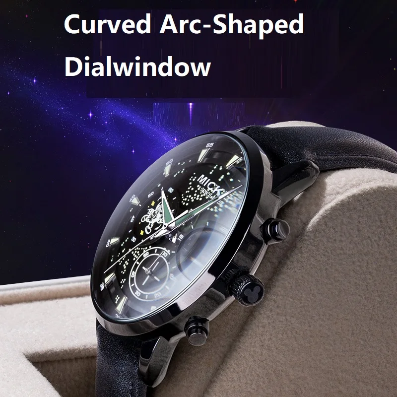 Фото Мужские часы Disney с Микки Маусом, Galaxy Sky Dial, мужские кварцевые наручные часы с фазой Луны, изогнутая дуга, циферблат, мужской новый Reloj Hombre №4