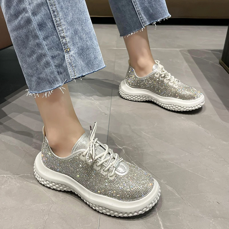 

Fashion Bling Crystal Platform Sneakers Women Black Thick Sole Vulcanize Shoes Woman Fashion Rhinestone Lace Up Sport Shoes