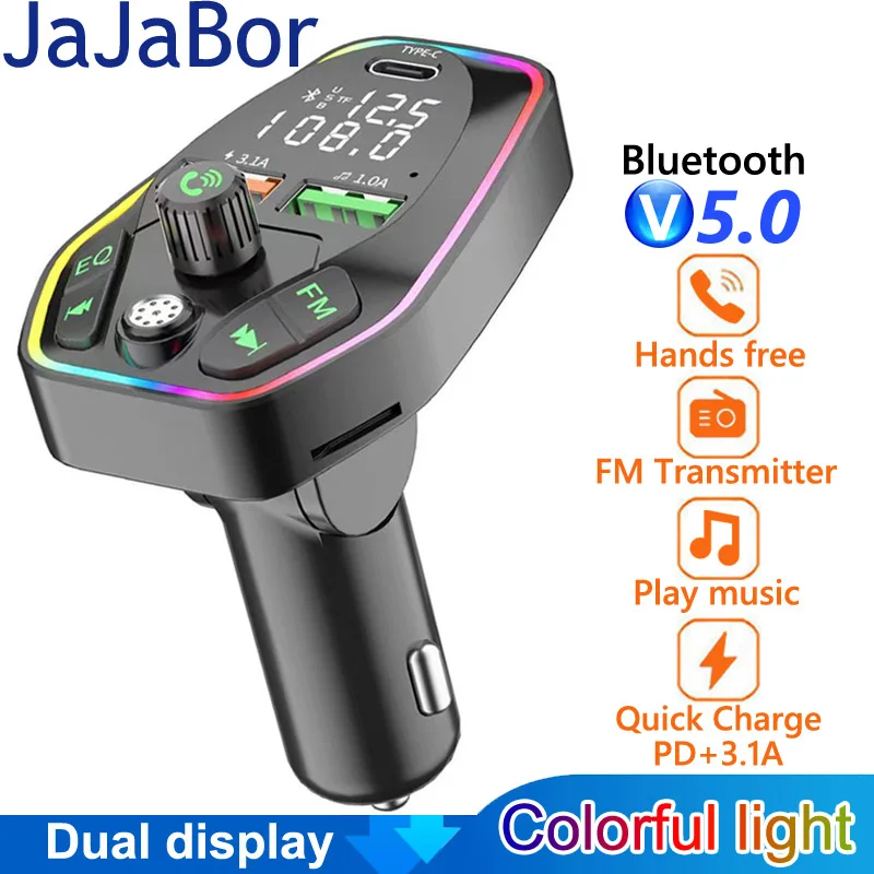 

JaJaBor Car FM Transmitter Dual Display USB C PD 20W Fast Charging Dual USB Charger Bluetooth 5.0 Handsfree Car Kit FM Modulator