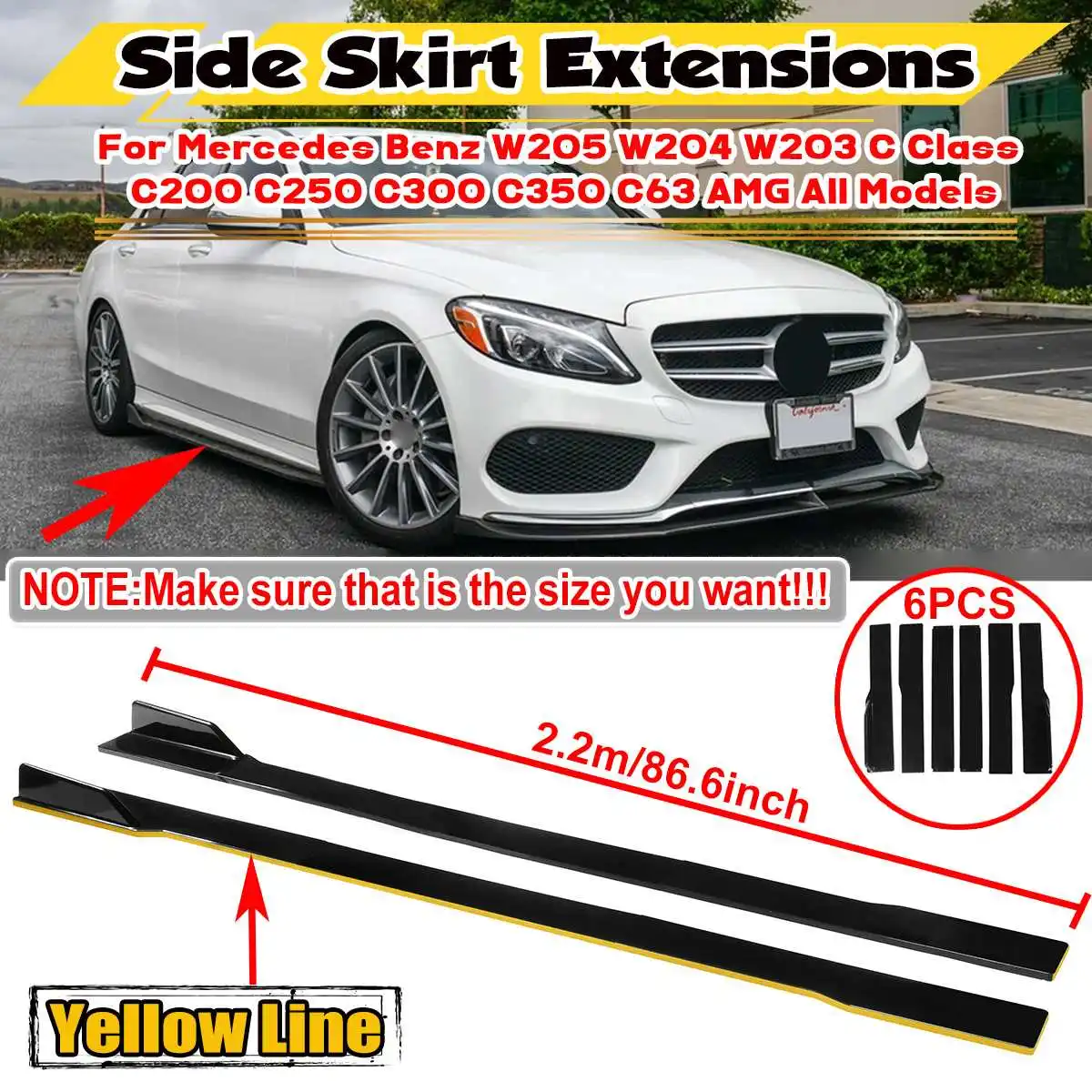 New 2.2m Car Side Skirt Extensions Universal Lip Splitters Lip For Benz W205 W204 W203 W211 W212 W213 W117 C117 W176 CLA A Class