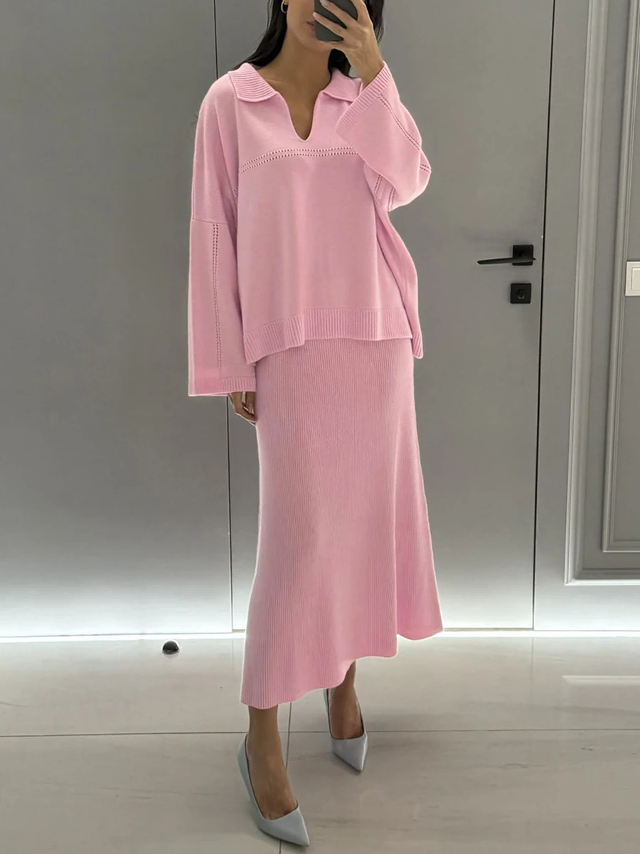 CHICEVER однотонный вязаный комплект из двух предметов для женщин топы с v-образным