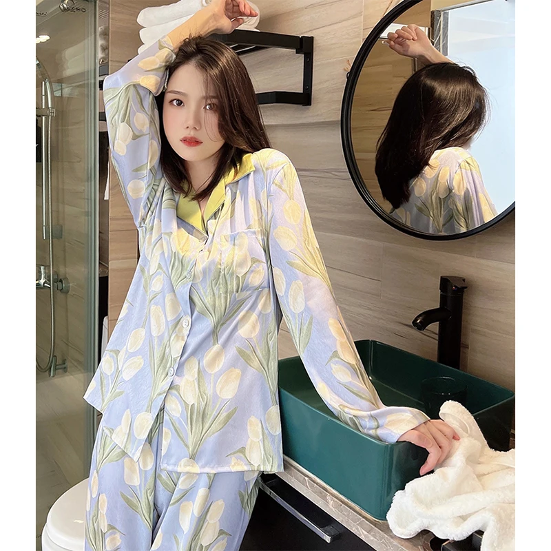 Women Fashion Tulip Flower Pajamas Sets Faux Silk Long Sleep Wear Home Clothes Suits