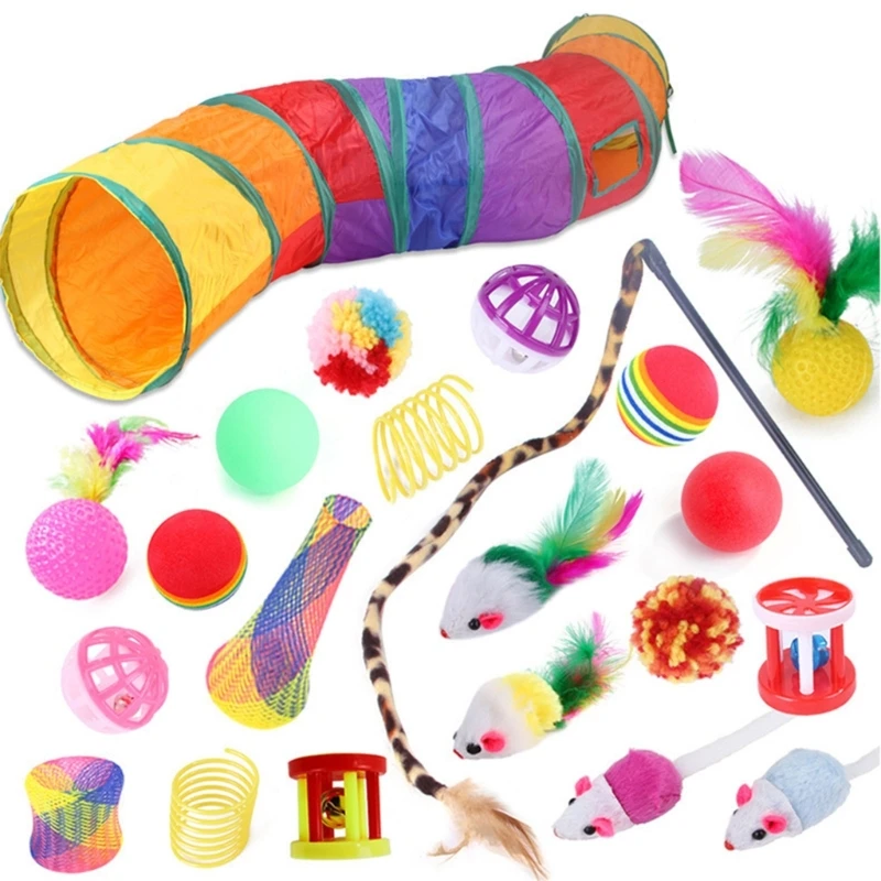 

594C 22x Cat Furry Mouse Toy Cat Tunnel Catnip Rattle Feather Spring Ball Set