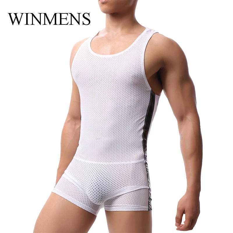 Men's Shaper Solid Mesh Breathable Sleeveless Shapewear Male Gym Bodysuit Slimming Jumpsuit Wrestling Suit Fitnees Sportwear