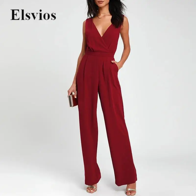 

Women Solid Fashion Sleevless Overalls Playsuits Elegant Back Patchwork Lace Hollow Out Jumpsuits Sexy Deep V Neck Straps Romper