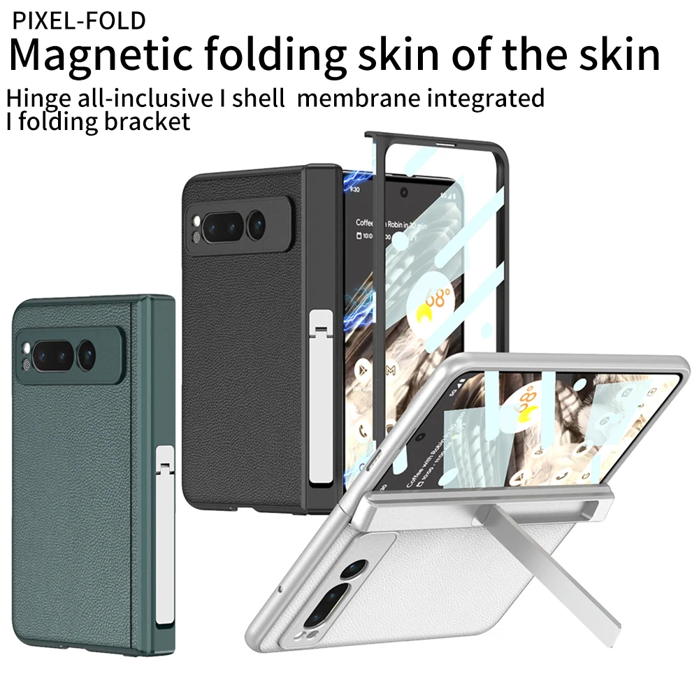 

Tempered Glass Film With Magnetic Kickstand Bracket Leather Material Case For Google Pixel Fold Case All-inclusive Protected