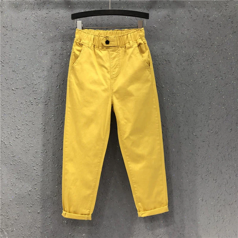 

Launch summer women harem pants combined casual cotton pants elastic waistband jeans plus size yellow waistband jeans d321