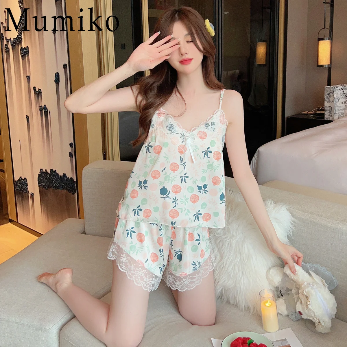 Fashion Women Pajama Suit V-Neck Stretch Satin Babydoll Lace Sexy Lingerie Bowknot Pyjamas Sleep Shorts Set Sleepwear New
