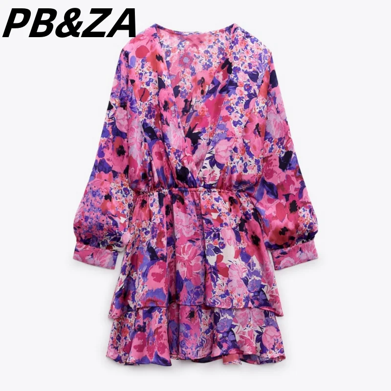 

PB&ZA 2023 New Women's Long-sleeved V-neck Waist Slimming Flower Print Layered Decorative Short Dress 2882168