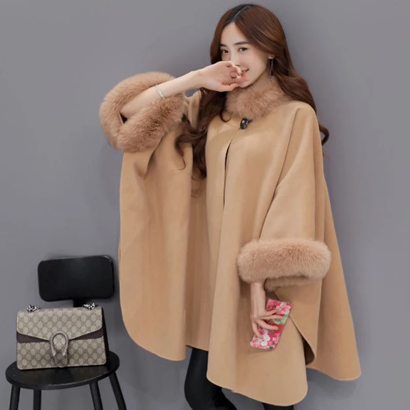 

High Quality Women Fox Fur Collar Long Wool Coat Elegant Women Cloak Shawl Jacket Plus Size Female Winter Outwear New Bigsweety