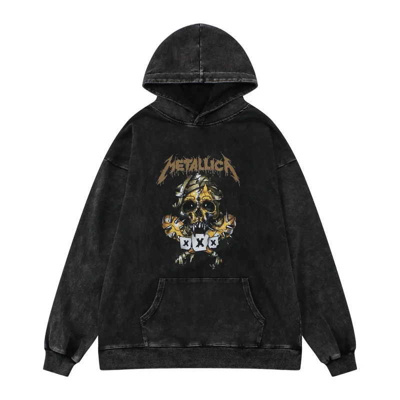 

Mens Gold Skeleton Skulls Print Hoodie Vintage Wash Distressed Hoodies Hip Hop Streetwear Trend Unisex Oversized Sweatshirts
