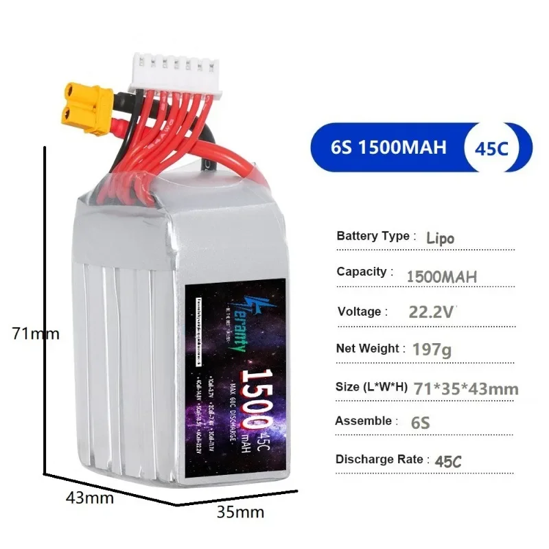 Фото Новый аккумулятор LiPo 22,2 В 1500 мАч для TERANTY 6S с разъемом T XT30 XT60 XT90 для квадрокоптера, радиоуправляемого дрона, гоночных автомобилей, лодок, запасных частей №2