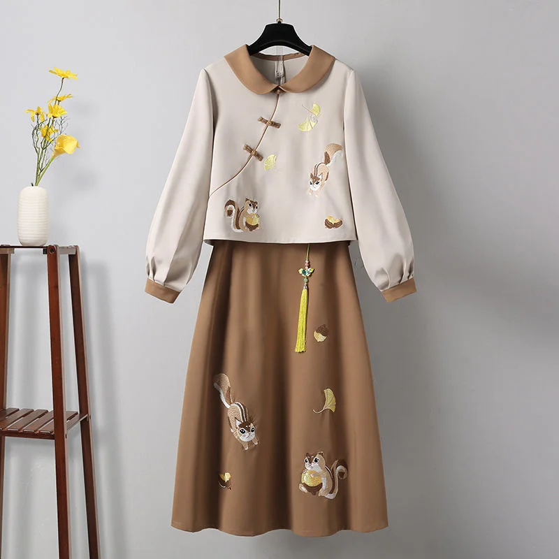 

Женский костюм Hanfu для весны и осени в китайском стиле, толстовка с капюшоном и юбка с вышивкой, Свитшот в старинном стиле