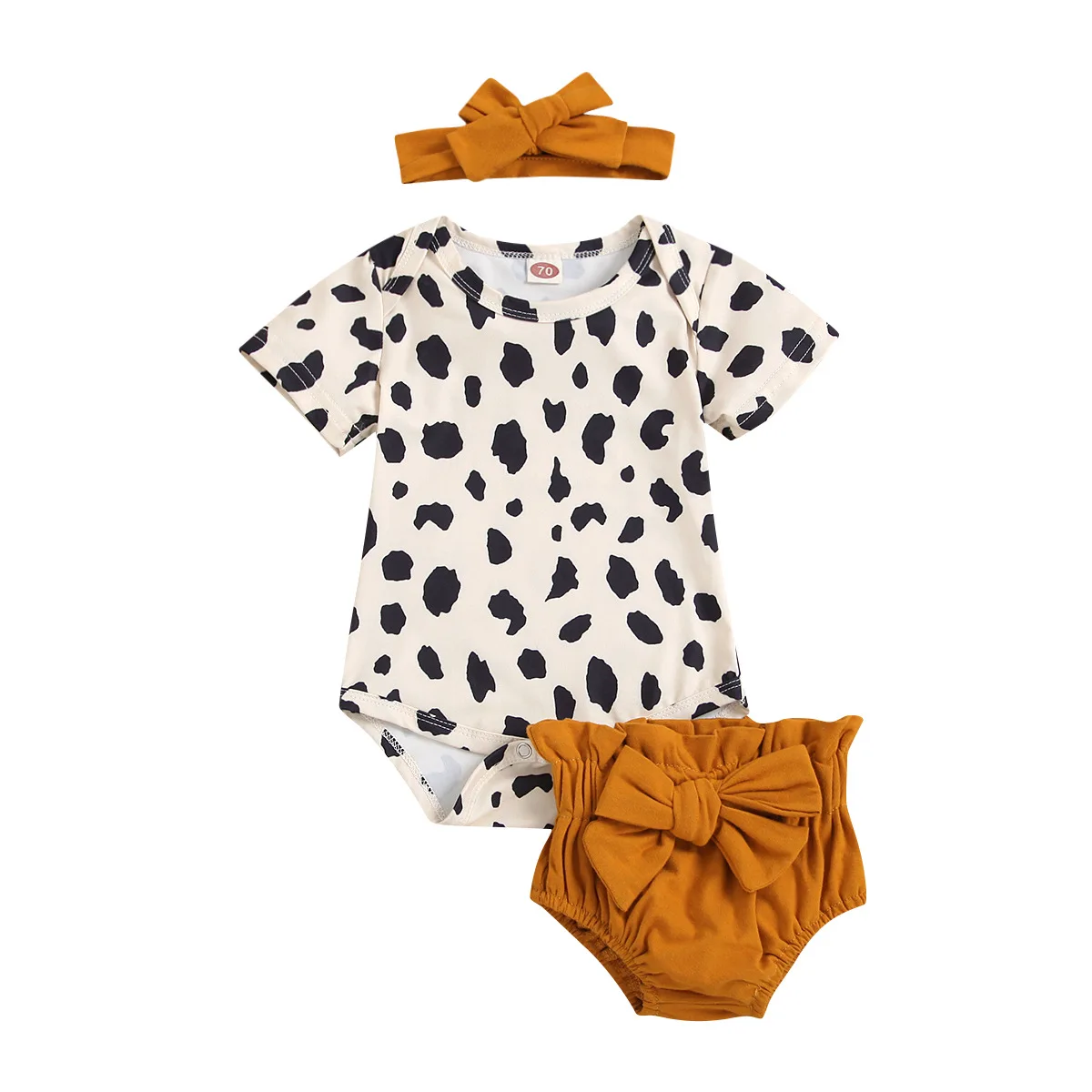 Модные комплекты одежды для малышек-новорожденных: ромпер с короткими рукавами с леопардовым принтом, шорты с бантом и повязка на голову - набор из 3 предметов.