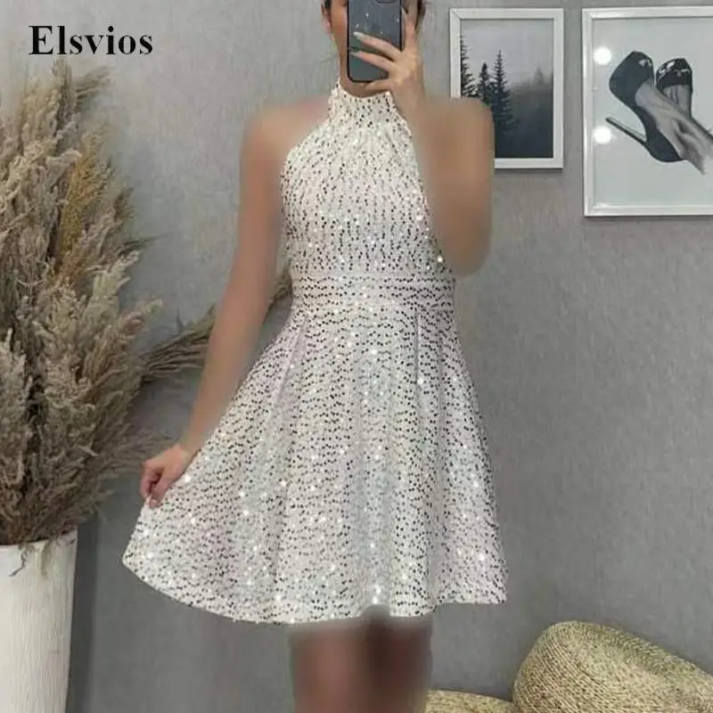 

Элегантное женское вечернее платье с лямкой на шее и открытой спиной, сексуальные блестящие мини-платья с открытыми плечами, женское модное...