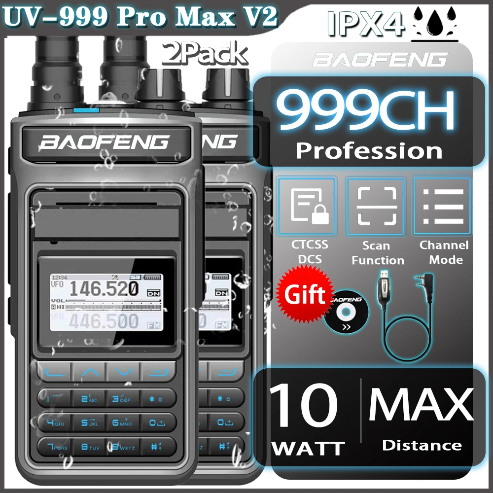 Рация BAOFENG UV-999 Pro Max, 10 Вт, профессиональная портативная рация высокой мощности, Двухдиапазонная, 2-сторонняя, для охоты, 2023, 2 шт.
