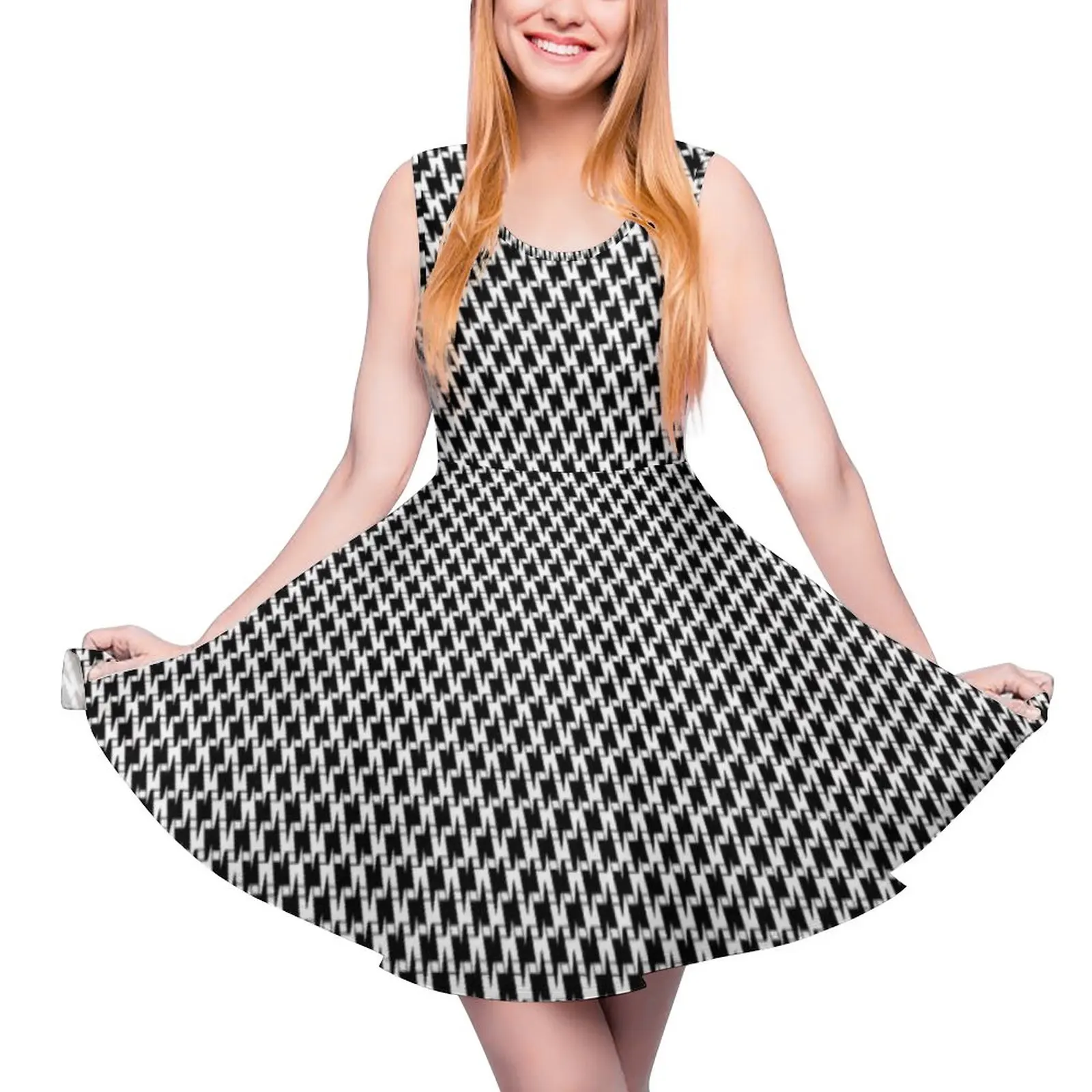 

Lightning Houndstooth Dress Black Bolts Print Boho Beach Dresses High Waist Aesthetic Skate Dress Women Custom Vestido Gift Idea