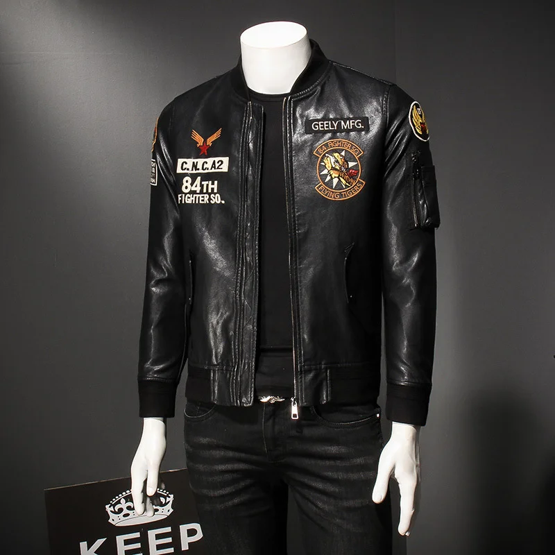

New Baseball Collar Embroidery Male Men Autumn Motorcycle Black Outerwear Faux Pu Leather Jacket 2022 Coat