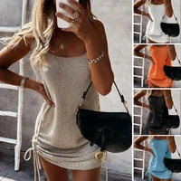 solid color sexy women vest short skirt fashion drawstring simple dress evening party slim stretchy spaghetti strap frill ruffle