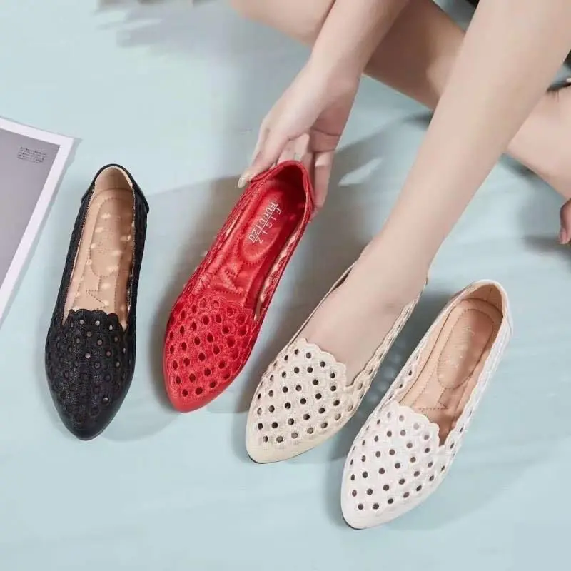 Brand Ballet Shoes Women's Pointy Toe Flats Red Holes Shoe Hollow Slip On Lazy Shoes Woman Moccasins Summer Comfy Walking Shoes