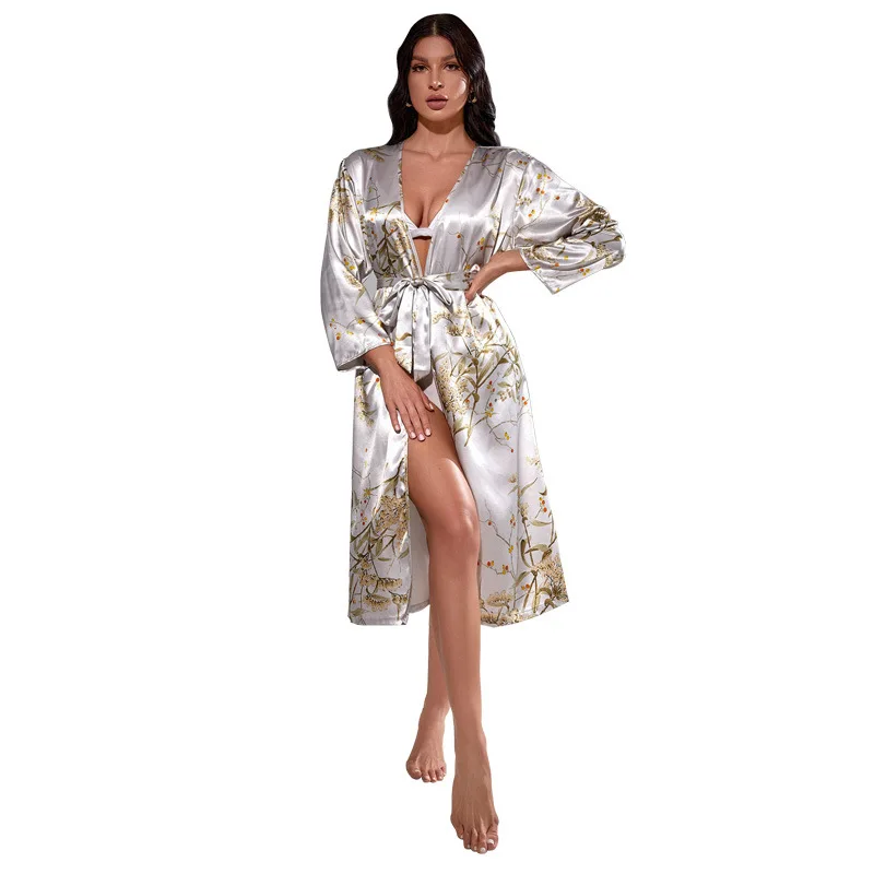 Elegant Nightgown Floral Print Pajamas For Women Silk Satin Sleepwear Women's Pyjamas Robe Nightwear Lounge Wear