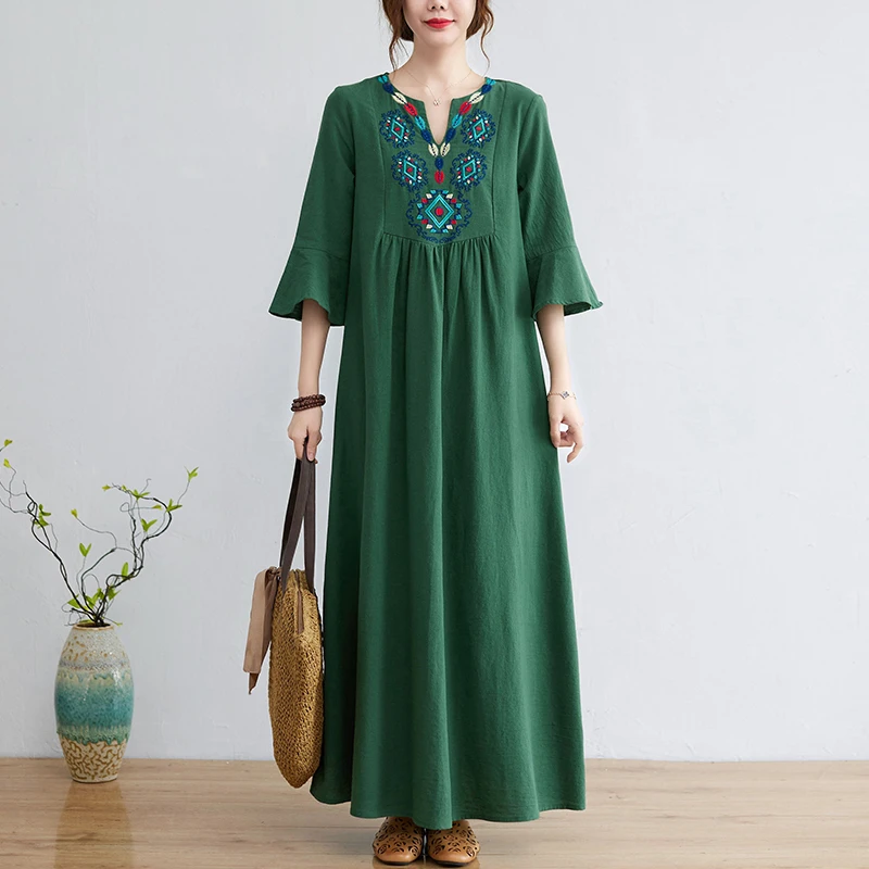 

Embroidery Ethnic Style Dress Female 2023 Summer Three Quarter Sleeve Fall New Retro Long Skirt Sundress Maxi Dresses Robe